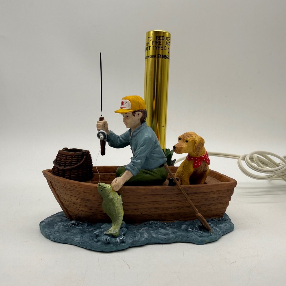 JSNY Fisherman Table Accent Lamp Brown Row Boat Dog Night Light Works